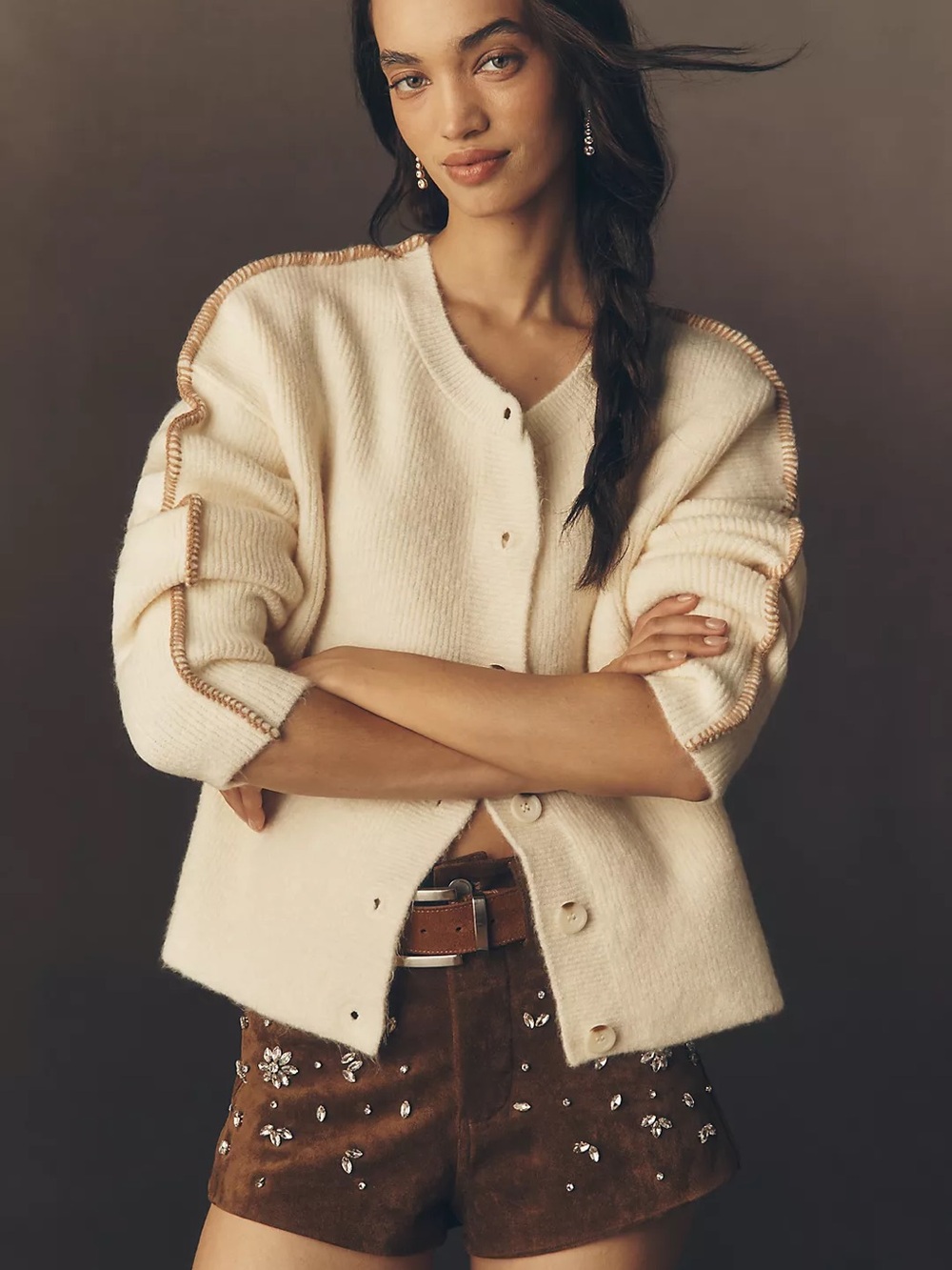 Anthropologie Pilcro Cream Knit Button-Front Whipstitch Cardigan Sweater Small